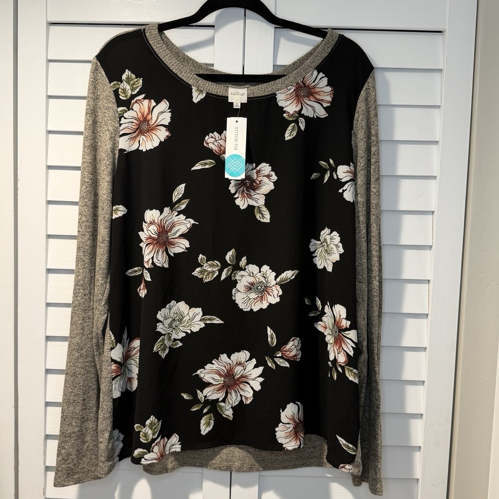 Kaileigh Mixed Material Top XXL Black Floral Long Sleeve Knit NEW